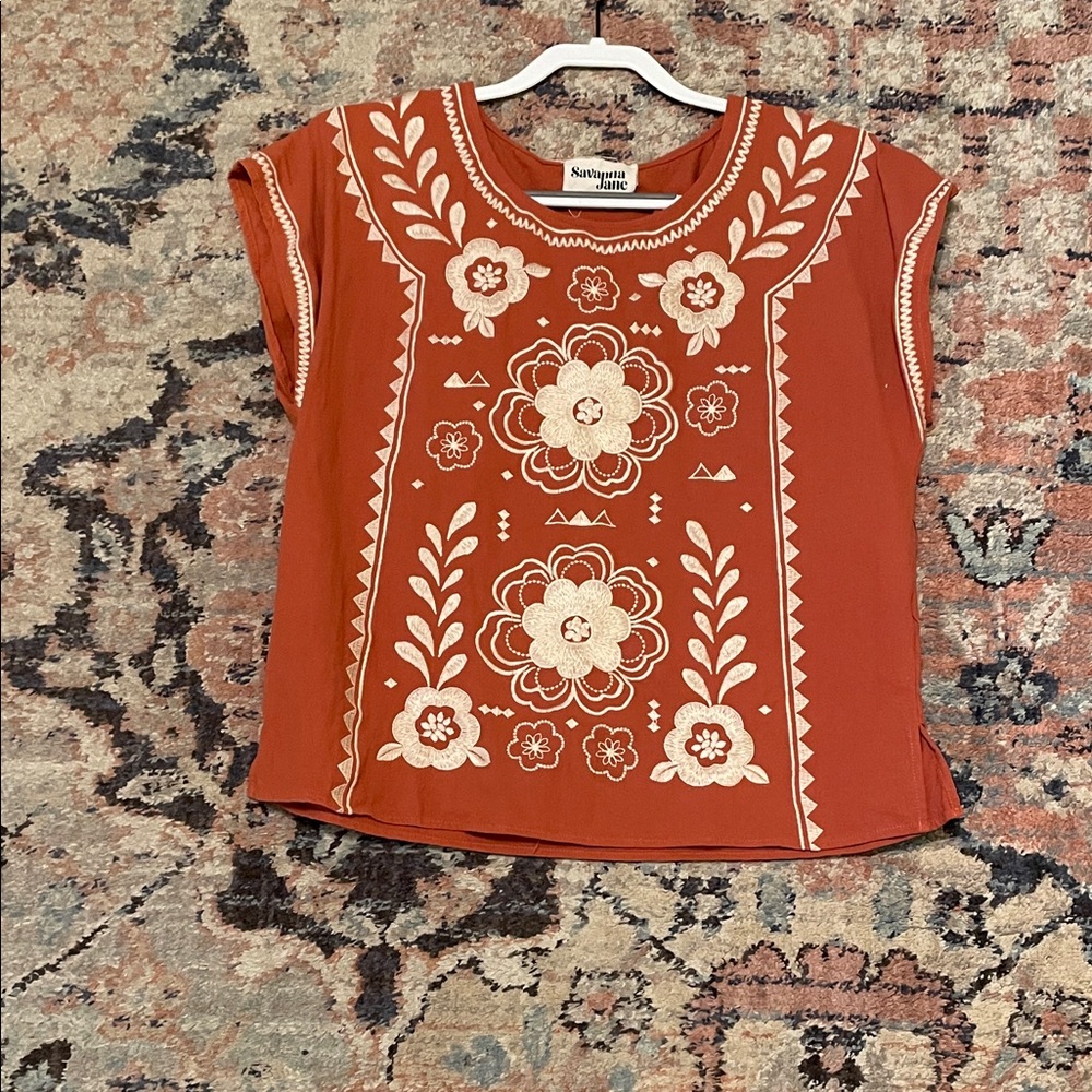Savanna Jane Rust Short Sleeve Embroidered Floral Blouse